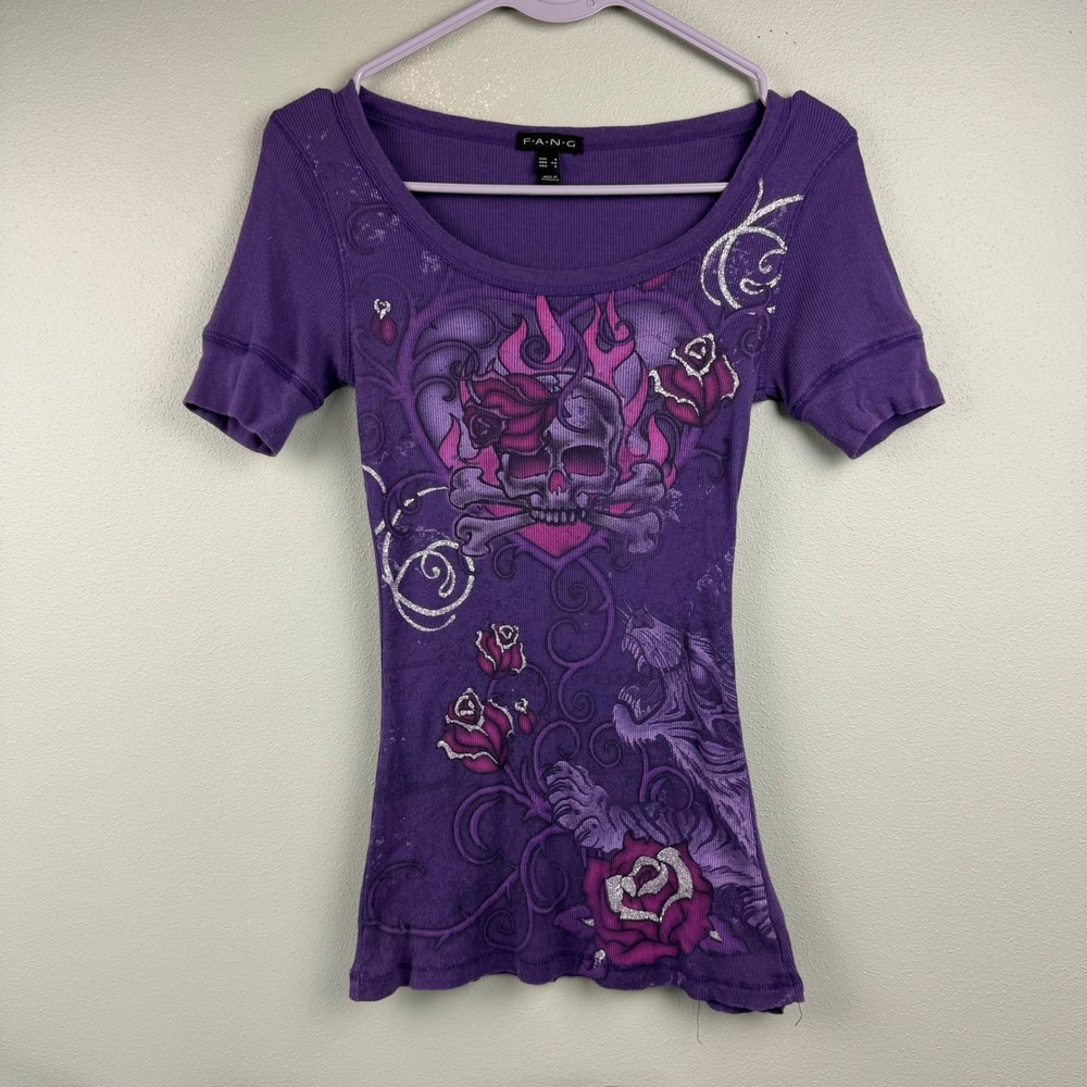 FANG Womens Purple Y2K Skull Tiger Rose Graphic Ribbed Top Small